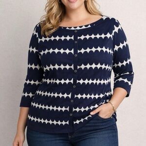 Talbots Blue White Boatneck 3/4 Sleeve Cotton Knit Top Plus Size 1X Workwear